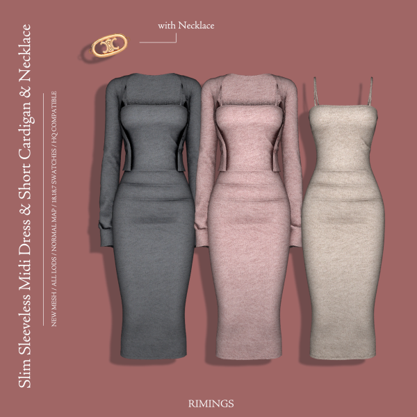 Alpha [RIMINGS] Slim Sleeveless Midi Dress Short Cardigan Necklace by simsfinds - The Sims 4 Custom Content