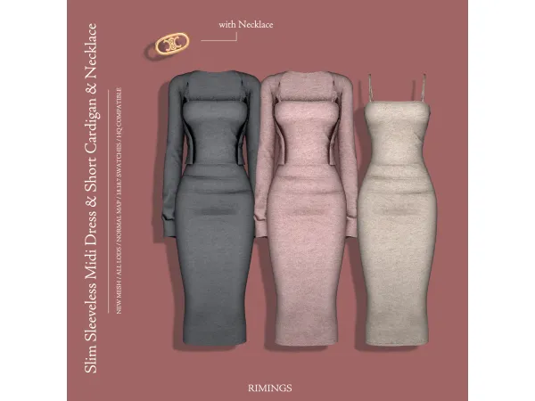 Alpha [RIMINGS] Slim Sleeveless Midi Dress Short Cardigan Necklace - The Sims 4 Custom Content