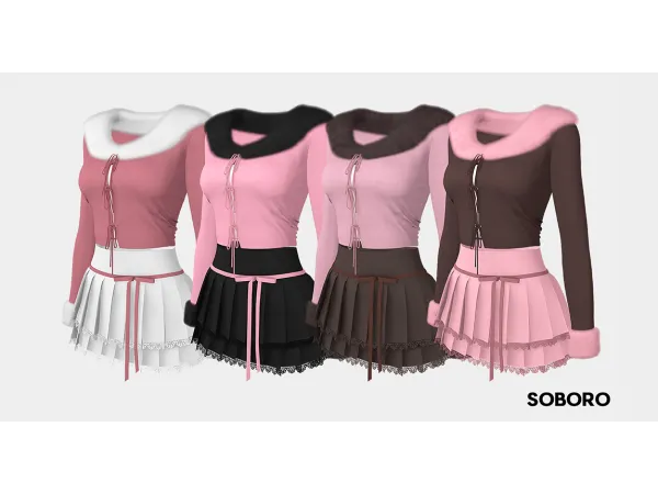 Maxis Match SOBORO Fur Ribbon Cardigan Ribbon Frill Pleats Skirt - The Sims 4 Custom Content
