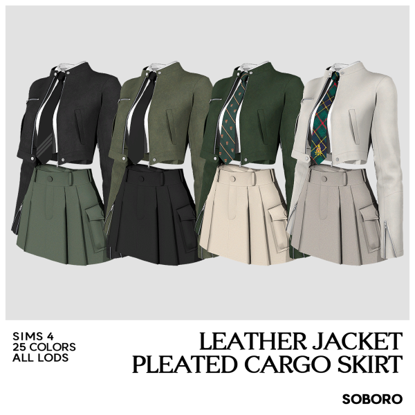 Maxis Match SOBORO Leather Jacket Pleated Cargo Skirt by simsfinds - The Sims 4 Custom Content