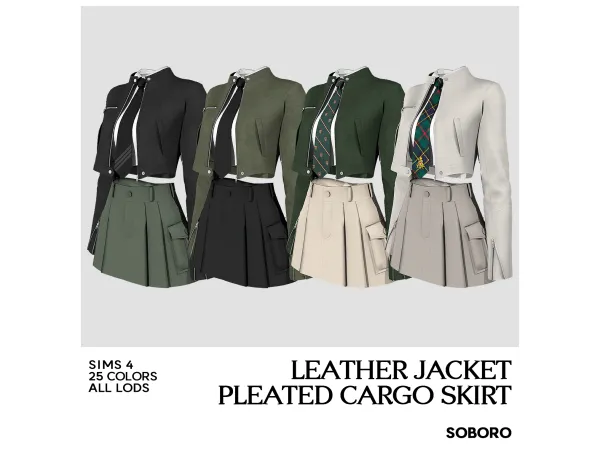 SOBORO "Leather Jacket Pleated Cargo Skirt"