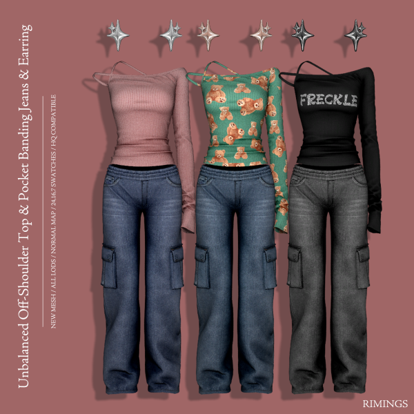 Alpha [RIMINGS] Unbalanced Off Shoulder Top Pocket Banding Jeans Earring by simsfinds - The Sims 4 Custom Content