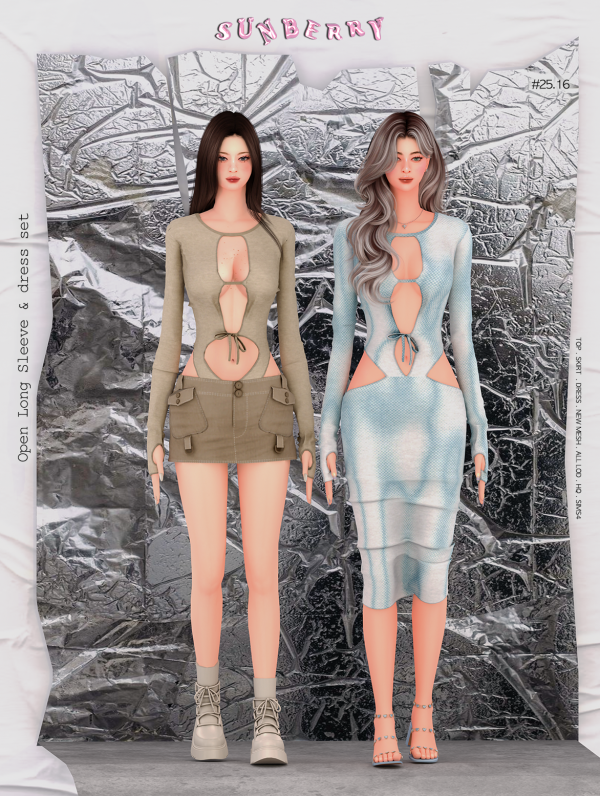 Alpha [SUNBERRY] 2516 Open Long Sleeve Dress by simsfinds - The Sims 4 Custom Content