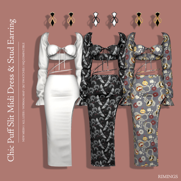 Alpha [RIMINGS] Chic Puff Slit Midi Dress Stud Earring by simsfinds - The Sims 4 Custom Content