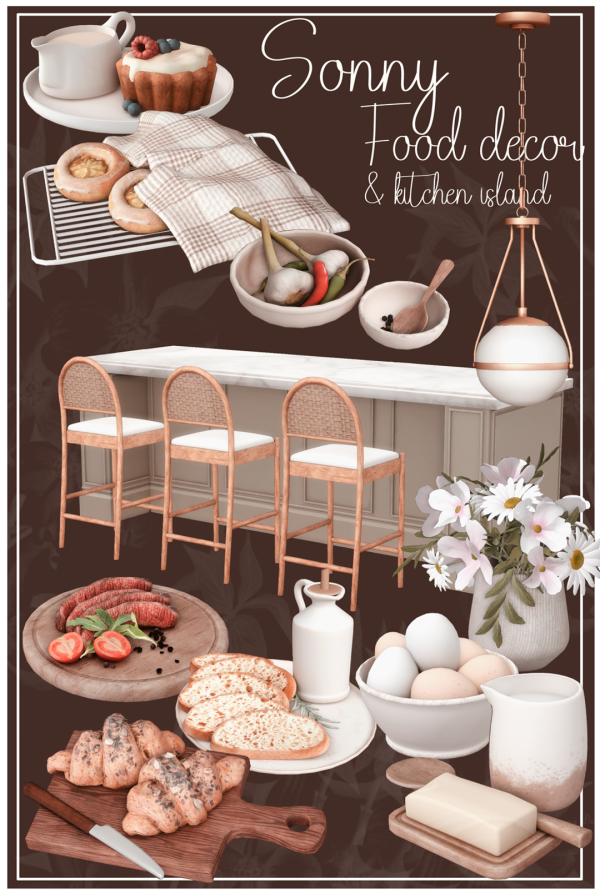 Alpha Sonny food decor and kitchen island by simsfinds - The Sims 4 Custom Content