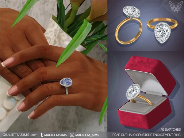Alpha Pear Cut Halo Gemstone Engagement Ring - The Sims 4 Custom Content