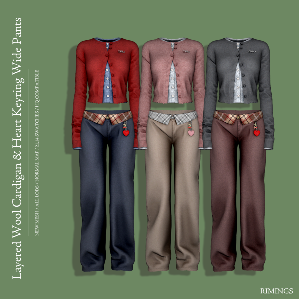 Alpha [RIMINGS] Layered Wool Cardigan Heart Keyring Wide Pants by simsfinds - The Sims 4 Custom Content