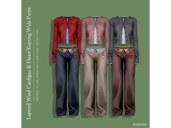 Alpha [RIMINGS] Layered Wool Cardigan Heart Keyring Wide Pants - The Sims 4 Custom Content