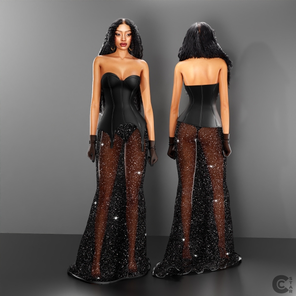 Alpha Strapless Gown with Sheer Glittery Skirt and Gloves by cool_content_star - The Sims 4 Custom Content