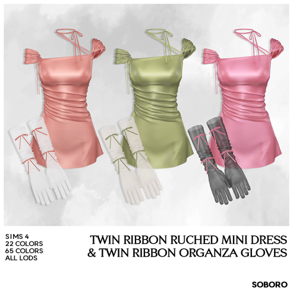 Alpha SOBORO Twin Ribbon Ruched Mini Dress Twin Ribbon Organza Gloves by simsfinds - The Sims 4 Custom Content