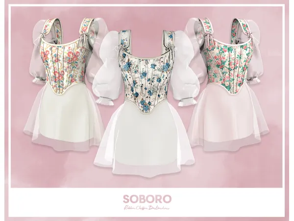 Alpha Ribbon chiffon bustier dress by soboro - The Sims 4 Custom Content