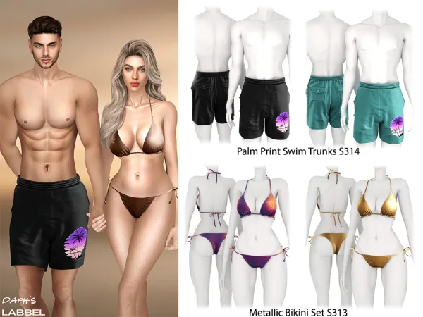 Alpha Daph's Metallic Bikini Set S313 and Palm Print Swim Trunks S314 - The Sims 4 Custom Content