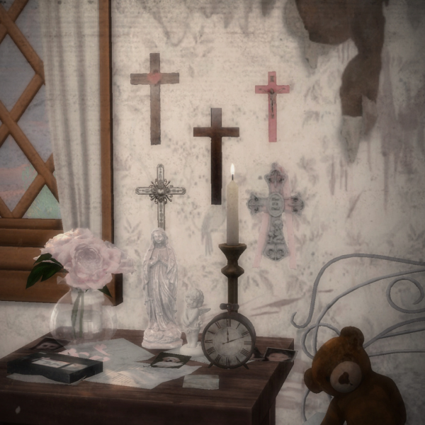 Alpha wall crosses southern gothic photos (recolor) by simsfinds - The Sims 4 Custom Content