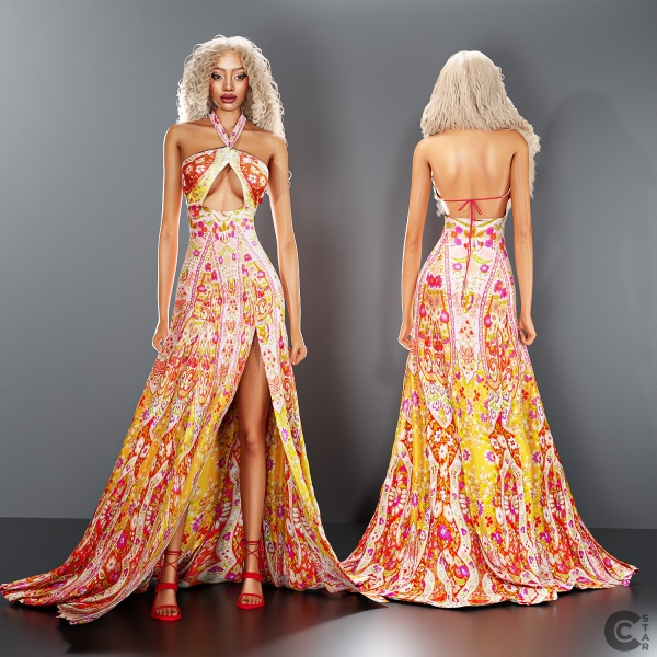 Alpha Vibrant Halter Flowing Dress cool_content_star by cool_content_star - The Sims 4 Custom Content