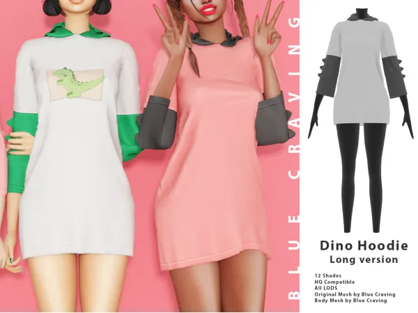 Alpha Dino Hoodie Long version by bluecraving - The Sims 4 Custom Content