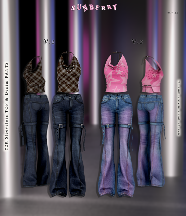 Alpha [SUNBERRY] 2544 Y2K Sleeveless TOP Denim PANTS by simsfinds - The Sims 4 Custom Content