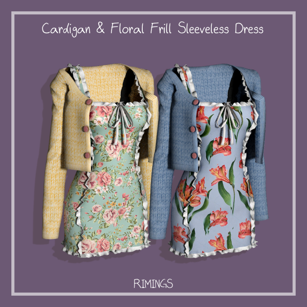 Alpha [RIMINGS] Cardigan Floral Frill Sleeveless Dress by simsfinds - The Sims 4 Custom Content