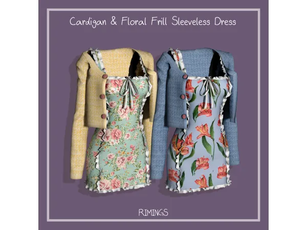 Alpha [RIMINGS] Cardigan Floral Frill Sleeveless Dress by RIMINGS - The Sims 4 Custom Content