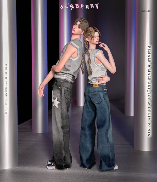 Alpha [SUNBERRY]2538_FEMALE MALE SET_TOP DENIM PANTS by simsfinds - The Sims 4 Custom Content