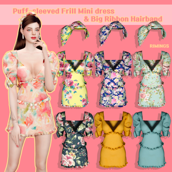 Alpha [RIMINGS] Puff sleeved Frill Mini dress Big Ribbon Hairband by simsfinds - The Sims 4 Custom Content