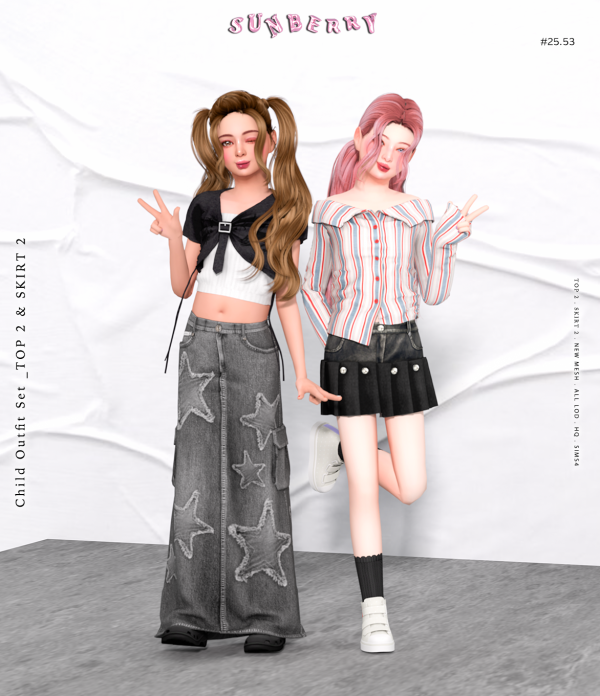 Alpha [SUNBERRY] 2553 Child Outfit SET top2 skirt2 by simsfinds - The Sims 4 Custom Content