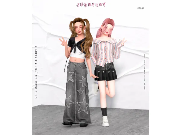 Alpha [SUNBERRY] 2553 Child Outfit SET top2 skirt2 - The Sims 4 Custom Content