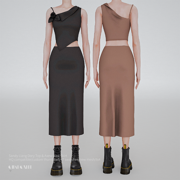 Mix Sandy Liang Dory Top Axew Maxi Skirt by simsfinds - The Sims 4 Custom Content