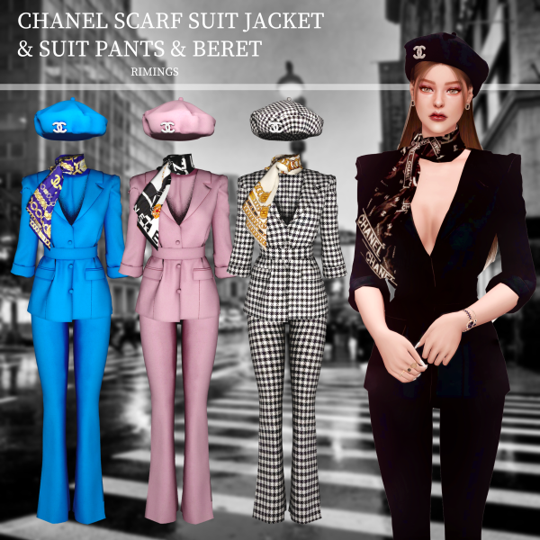 Alpha [RIMINGS] CHANEL Scarf Suit Jacket Pants Beret by simsfinds - The Sims 4 Custom Content