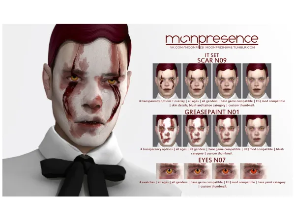 Alpha moonpres sims IT SET: SCAR N09, GREASEPAINT N01, EYES N07 - The Sims 4 custom content