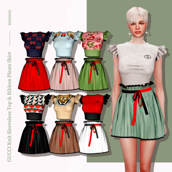 Alpha [RIMINGs] GUCCI Knit Sleeveless Top Ribbon Pleats Skirt by simsfinds - The Sims 4 Custom Content