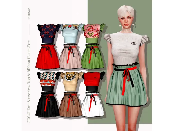 Alpha [RIMINGs] GUCCI Knit Sleeveless Top Ribbon Pleats Skirt - The Sims 4 Custom Content
