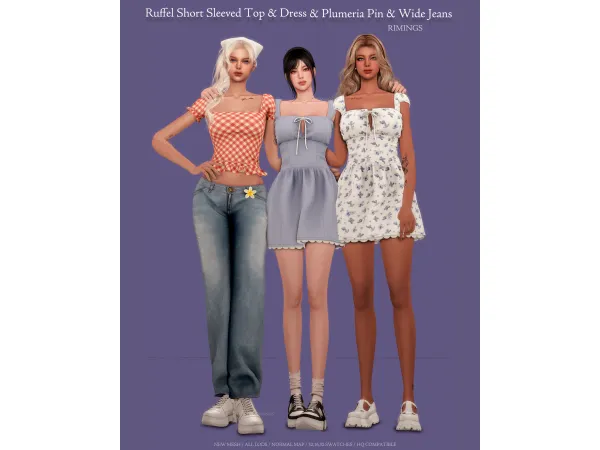 [RIMINGS] Ruffle Short Sleeved Top / Dress / Plumeria Pin & Wide Jeans