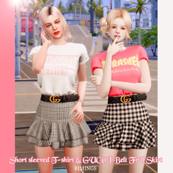 Alpha [RIMINGs] Short sleeved T shirt GUCCI Belt Frill Skirt by simsfinds - The Sims 4 Custom Content