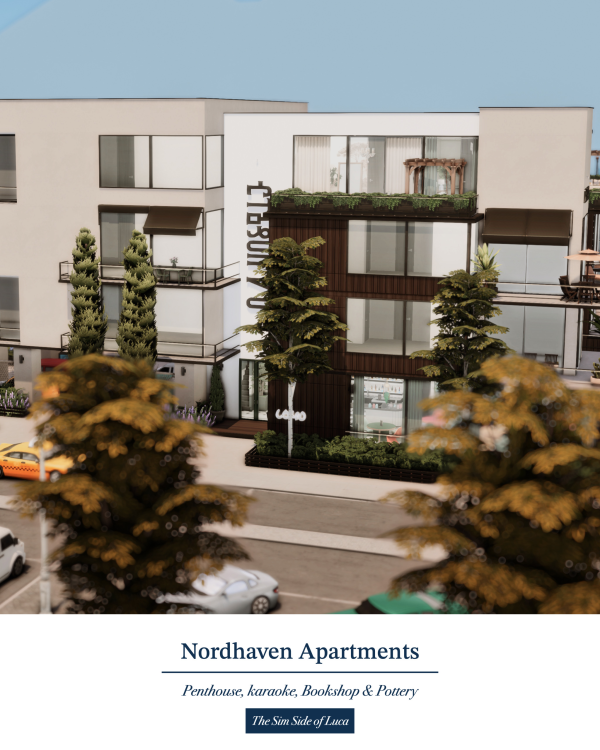 Mix Nordhaven Apartments Karaoke Pottery Bookshop by simsfinds - The Sims 4 Custom Content
