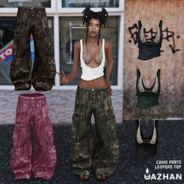 Alpha [CAMO PANTS LEOPARD TOP] by simsfinds - The Sims 4 Custom Content