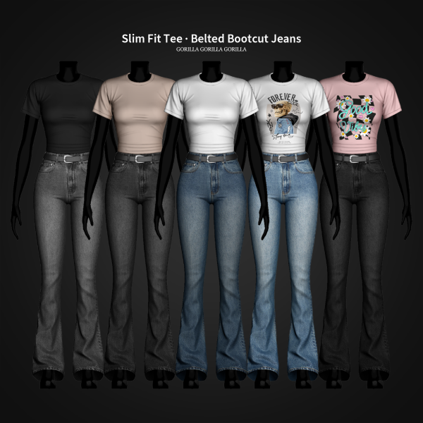 Alpha Slim Fit Tee Belted Bootcut Jeans by simsfinds - The Sims 4 Custom Content
