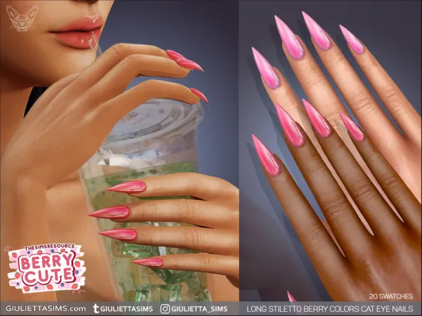 Alpha Long Stiletto Berry Colors Cat Eye Nails by feyona - The Sims 4 Custom Content