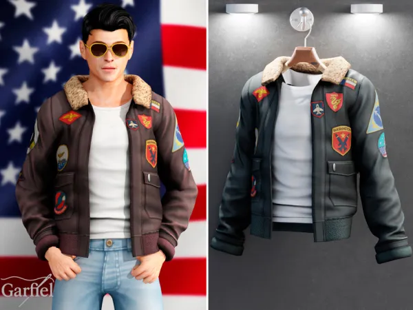 Mix Adult Aviator bomber jacket with embroidered patches by thesimsresource - The Sims 4 Custom Content
