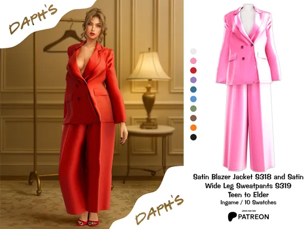 Alpha Daph's Satin Blazer Jacket S318 and Satin Wide Leg Sweatpants S319 - The Sims 4 Custom Content
