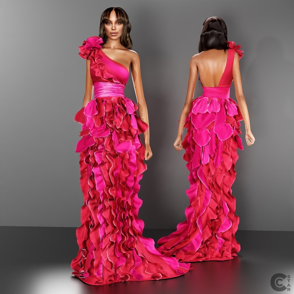 Alpha One shoulder Ruffled Organza Gown cool_content_star by cool_content_star - The Sims 4 Custom Content