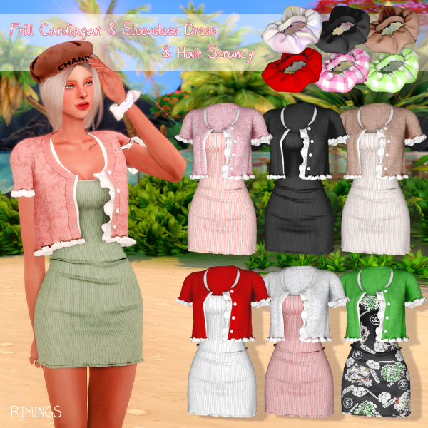 Alpha [RIMINGS] Frill Cardiagan Sleeveless Dress Hair Scruncy by simsfinds - The Sims 4 Custom Content