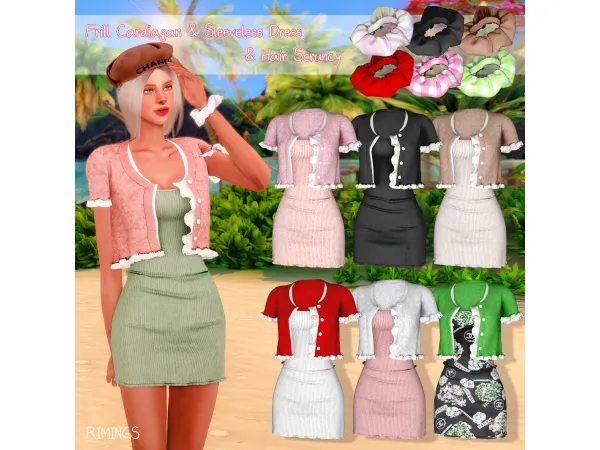 [RIMINGS] Frill Cardiagan & Sleeveless Dress & Hair Scruncy
