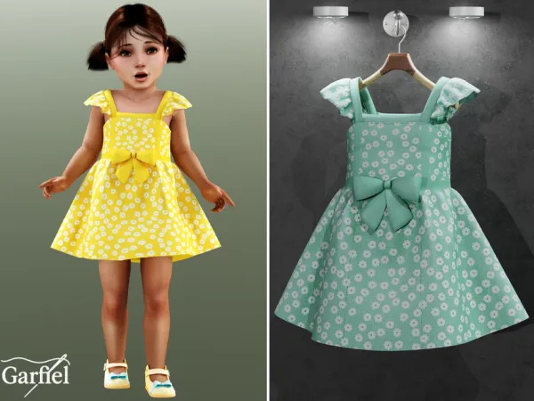 Mix Toddler Daisy print dress with big bow by thesimsresource - The Sims 4 Custom Content