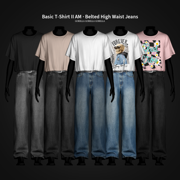 Alpha Basic T Shirt II AM Belted High Waist Jeans by simsfinds - The Sims 4 Custom Content