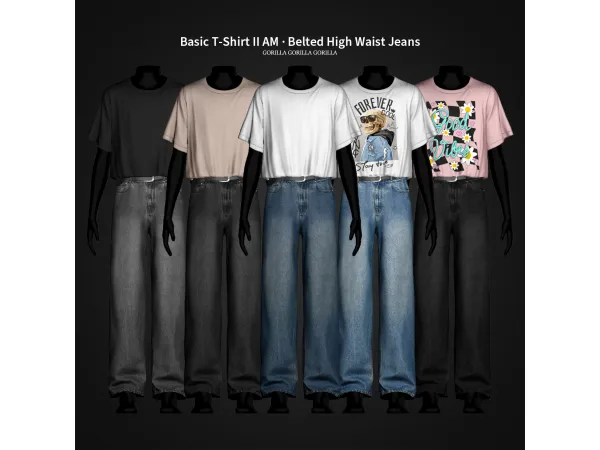 Alpha Basic T Shirt II AM u00b7 Belted High Waist Jeans by gorillax3 - The Sims 4 Custom Content