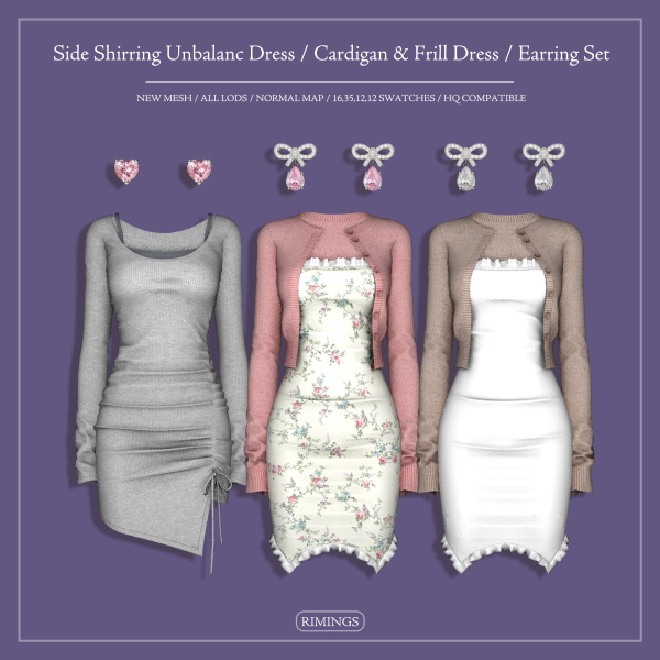 Alpha [RIMINGS] Side Shirring Unbalanc Dress Cardigan Frill Dress Earring Set by simsfinds - The Sims 4 Custom Content