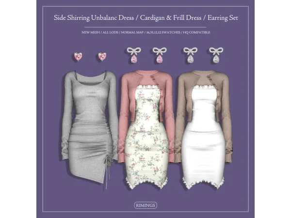 Alpha [RIMINGS] Side Shirring Unbalanc Dress Cardigan Frill Dress Earring Set - The Sims 4 Custom Content