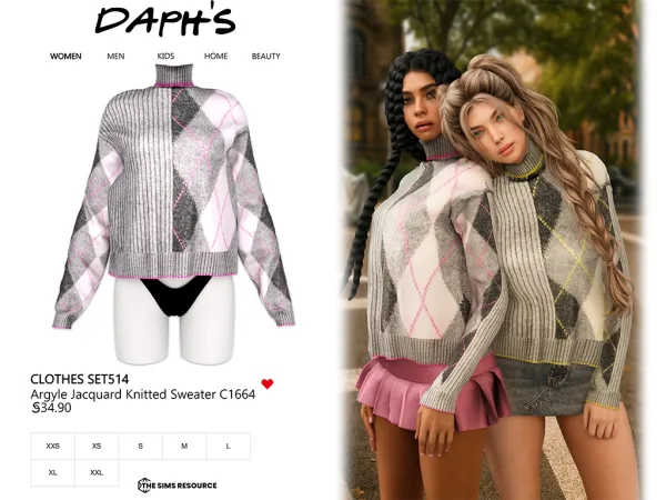 Alpha Daph's Clothes SET514 Argyle Jacquard Knitted Sweater C1664 by daphsmods - The Sims 4 Custom Content