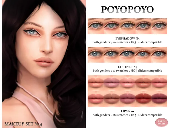 Alpha Makeup Set N14 Eyeshadow N5 Eyeiner N7 Lips N20 by PoyoPoyo - The Sims 4 Custom Content
