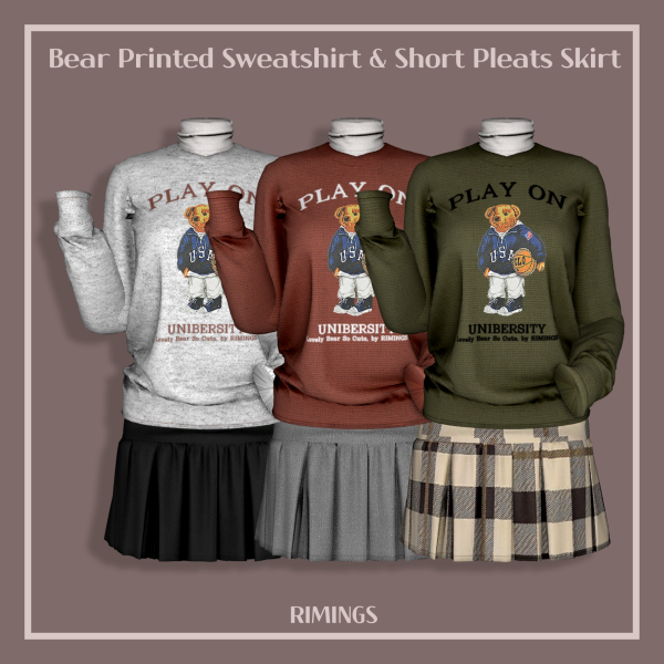 Alpha [RIMINGS] Bear Printed Sweatshirt Short Pleats Skirt by simsfinds - The Sims 4 Custom Content